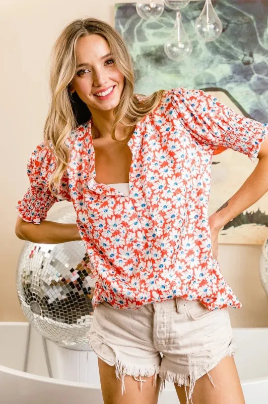 BiBi Floral Jqd Smoked Puff Sleeves V Neck Top sold by Charming Charlie