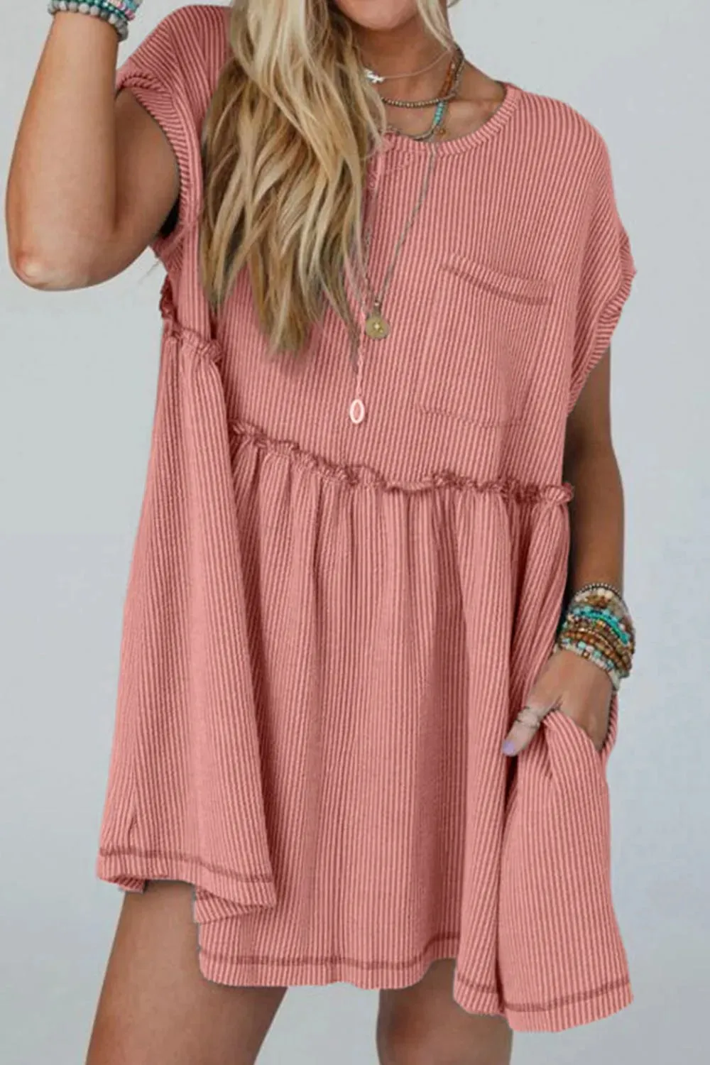 Corded Knit Textured Patched Pocket Frilled Swing Mini Dress with Pockets sold by Charming Charlie