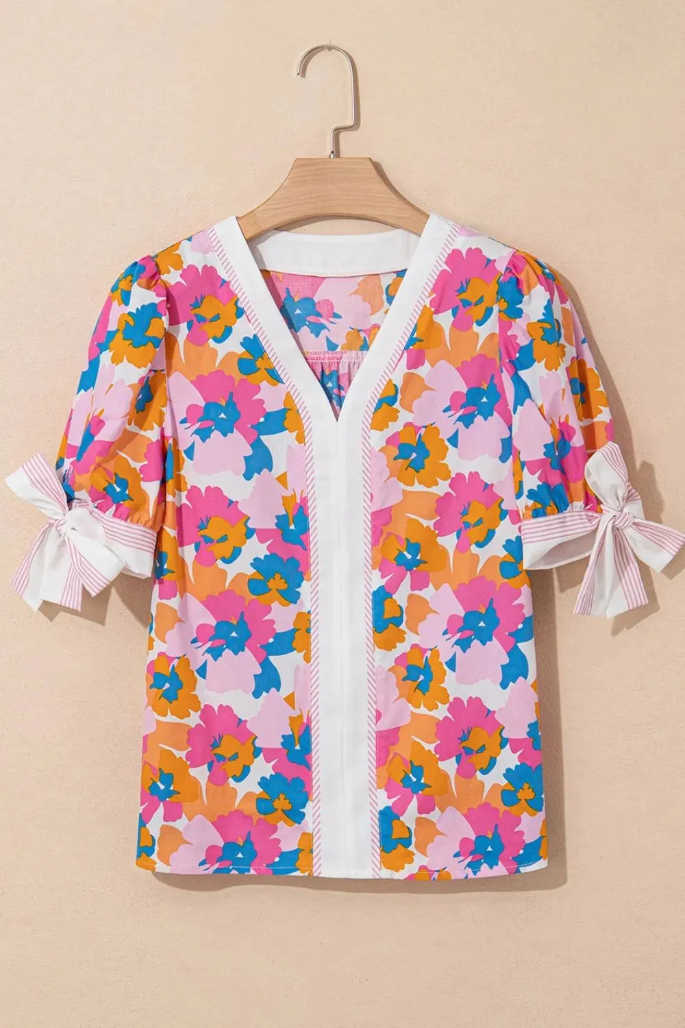 Floral Striped Edge V Neck Knotted Short Sleeve Blouse sold by Charming Charlie product image thumbnail 4