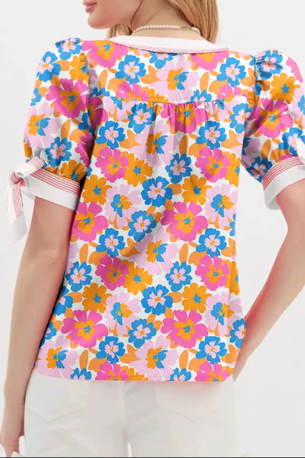 Floral Striped Edge V Neck Knotted Short Sleeve Blouse sold by Charming Charlie product image thumbnail 3