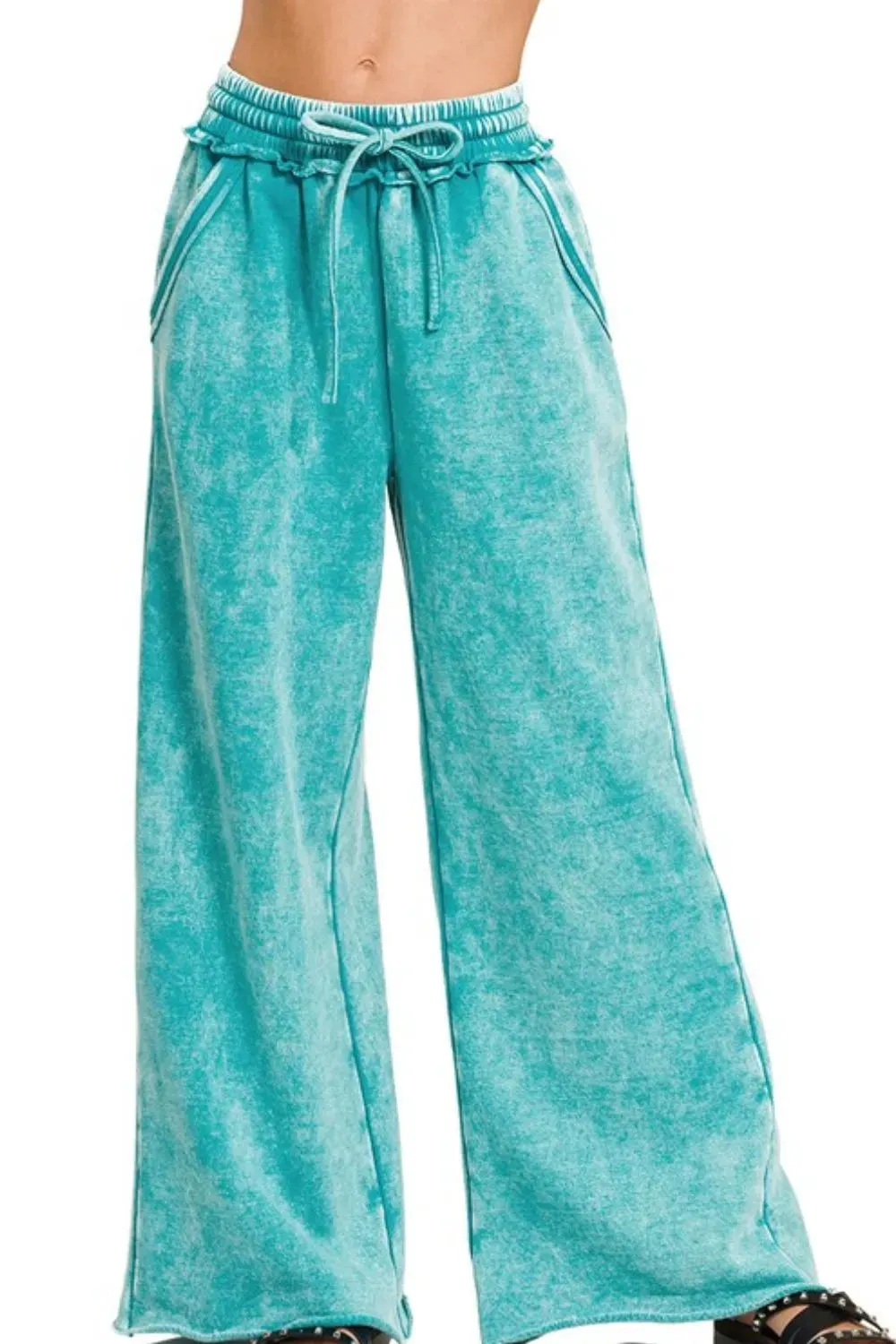 Zenana Acid Wash Fleece Palazzo Sweatpants with Pockets sold by Charming Charlie
