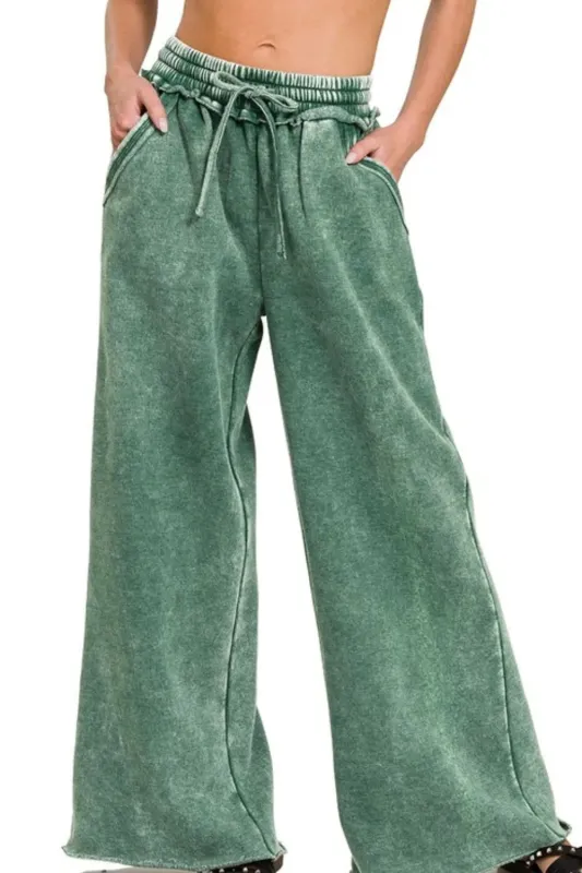 Zenana Acid Wash Fleece Palazzo Sweatpants with Pockets sold by Charming Charlie