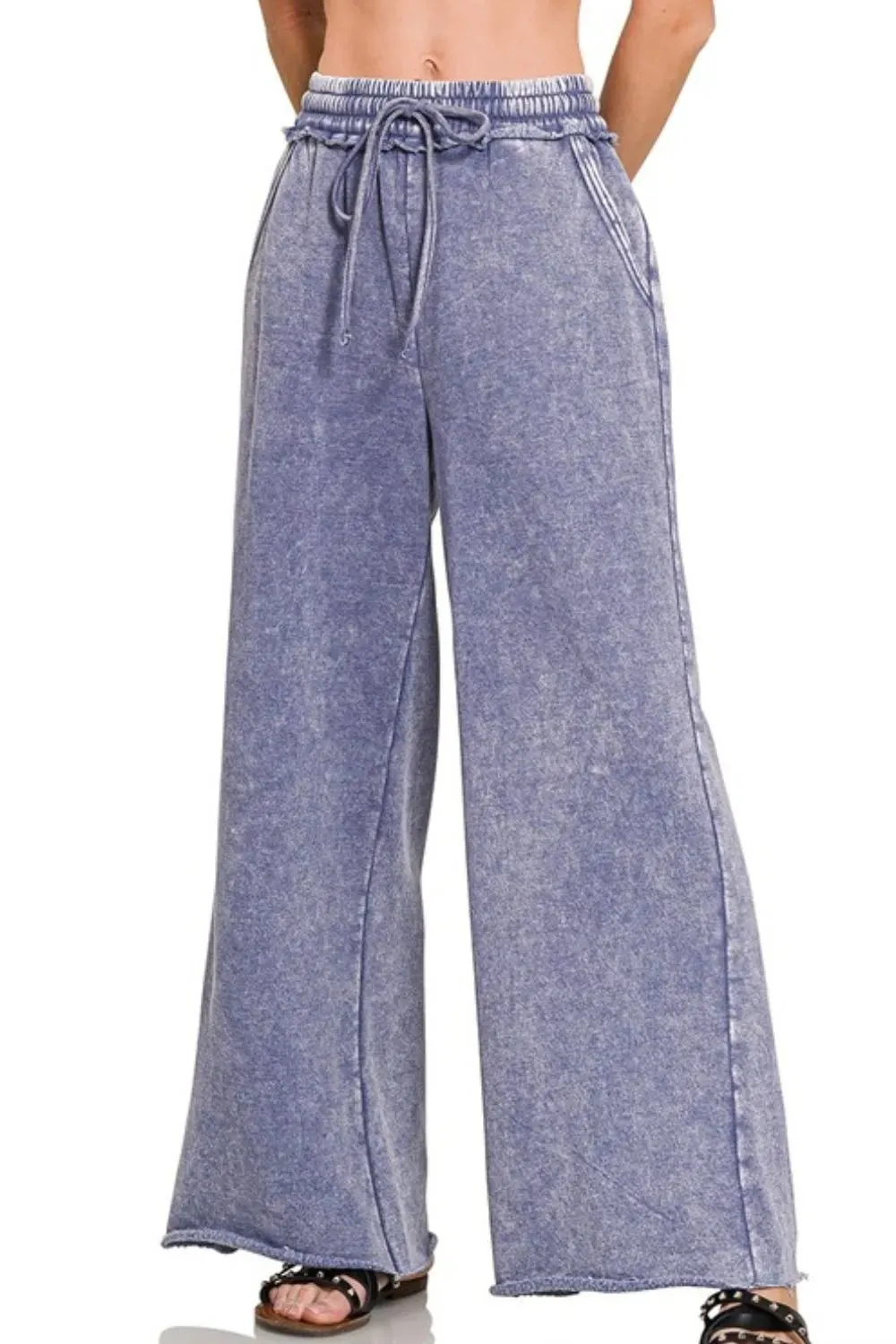 Zenana Acid Wash Fleece Palazzo Sweatpants with Pockets sold by Charming Charlie