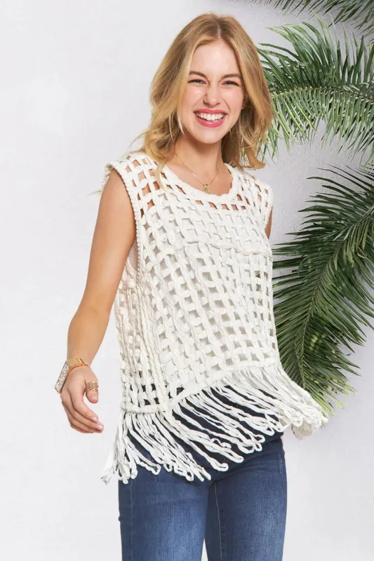 ADORA Fishnet Cover Up Top With Fringe Hem sold by Charming Charlie