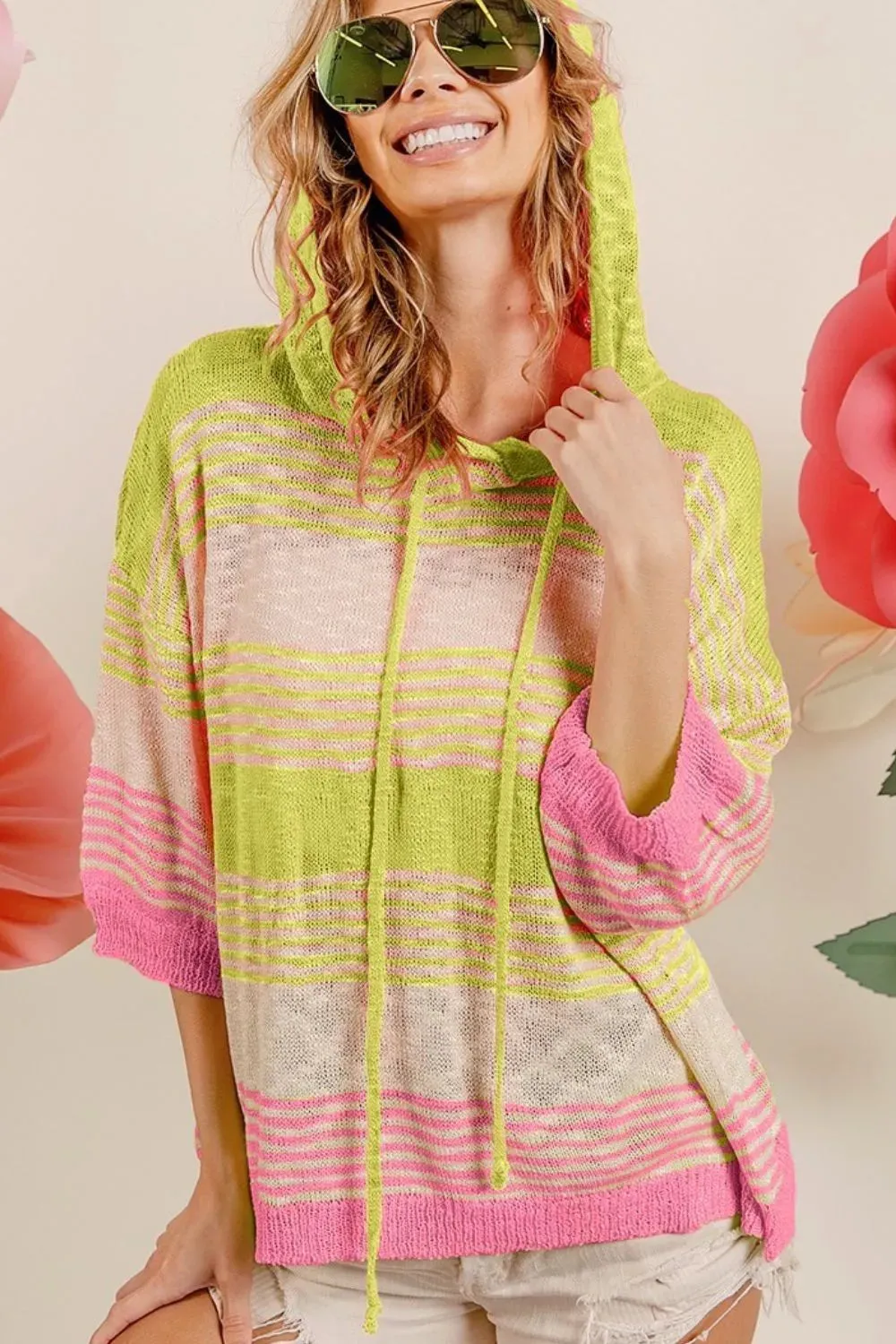 BiBi Short Sleeve Stripe Low Gauge Knit Hoodie sold by Charming Charlie