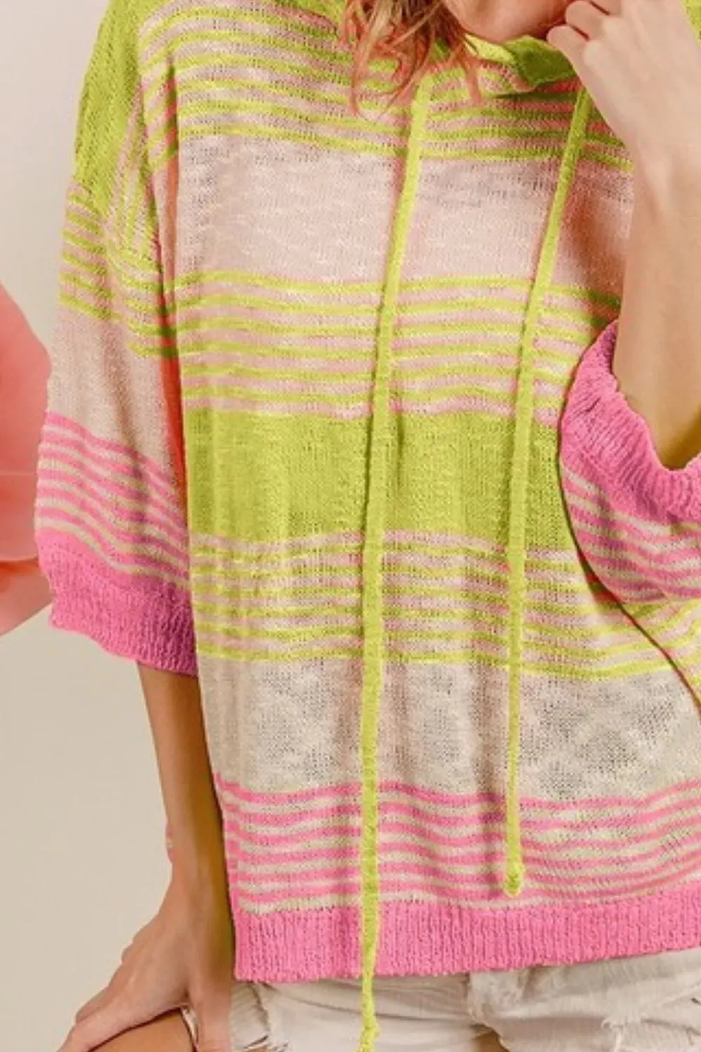 BiBi Short Sleeve Stripe Low Gauge Knit Hoodie sold by Charming Charlie product image thumbnail 3