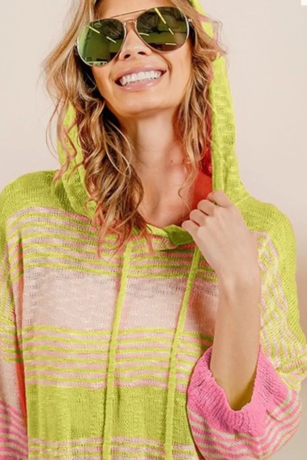 BiBi Short Sleeve Stripe Low Gauge Knit Hoodie sold by Charming Charlie product image thumbnail 2