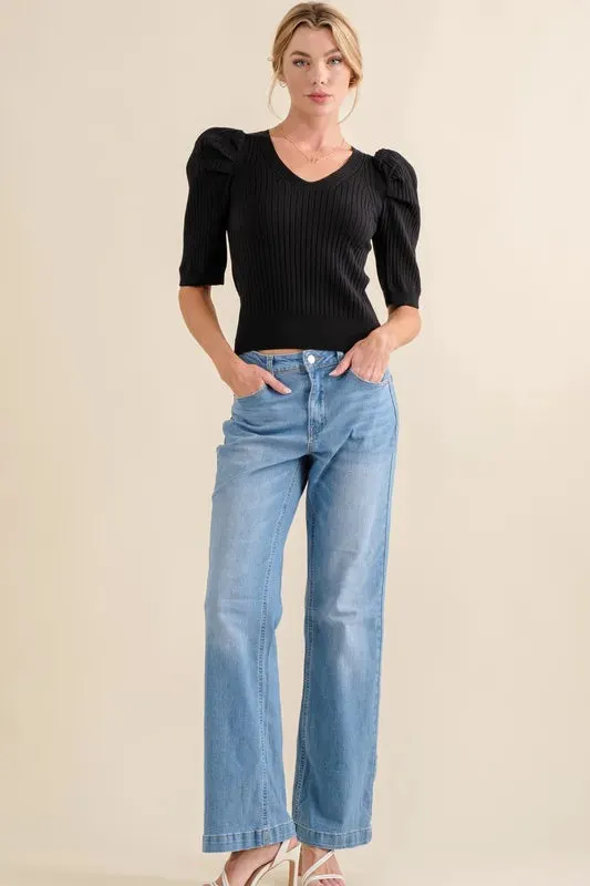 And The Why Puffed Half Sleeve Rib Basic Top sold by Charming Charlie product image thumbnail 3