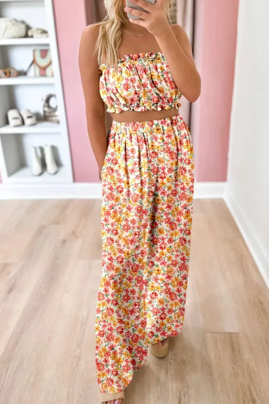 Boho Floral Bandeau Top and High Waist Wide Leg Pants Set sold by Charming Charlie