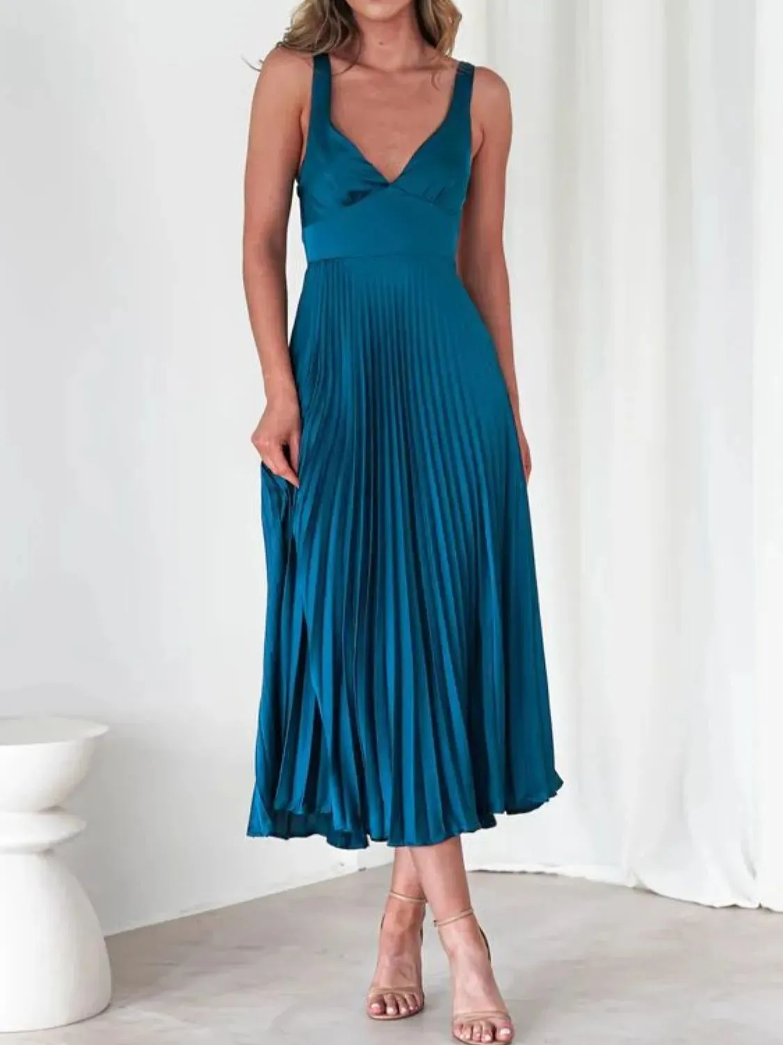 Pleated Backless V-Neck Midi Cami Dress sold by Charming Charlie