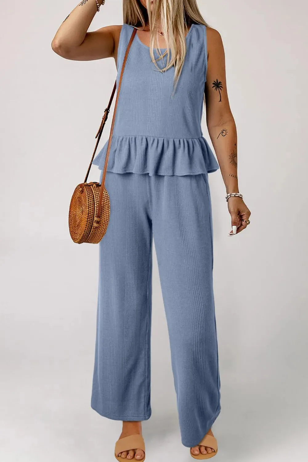 Color Ribbed Ruffle Tank Top and Pants Set sold by Charming Charlie product image thumbnail 4