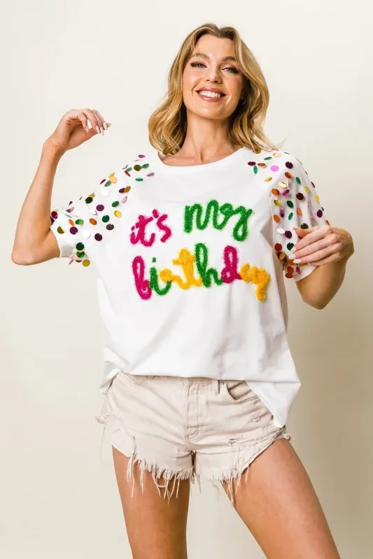 BiBi Metallic Letter Spangle Raglan Puff Sleeve Top sold by Charming Charlie