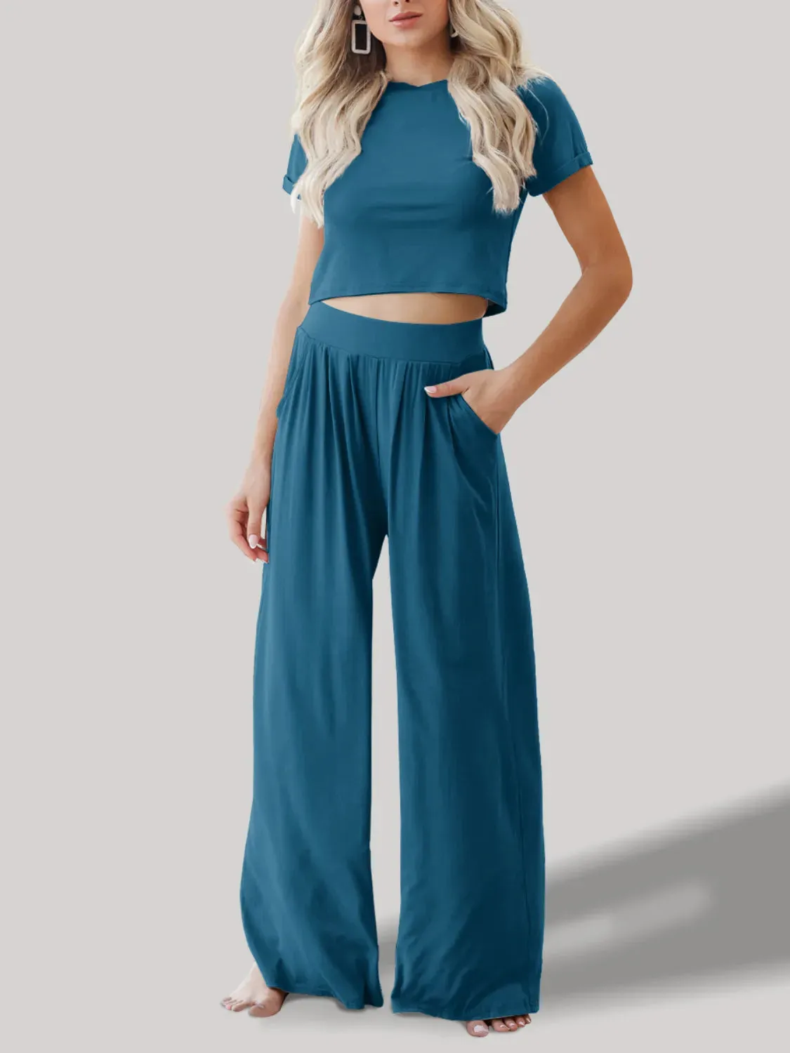 Round Neck Short Sleeve Top and Pants Set sold by Charming Charlie