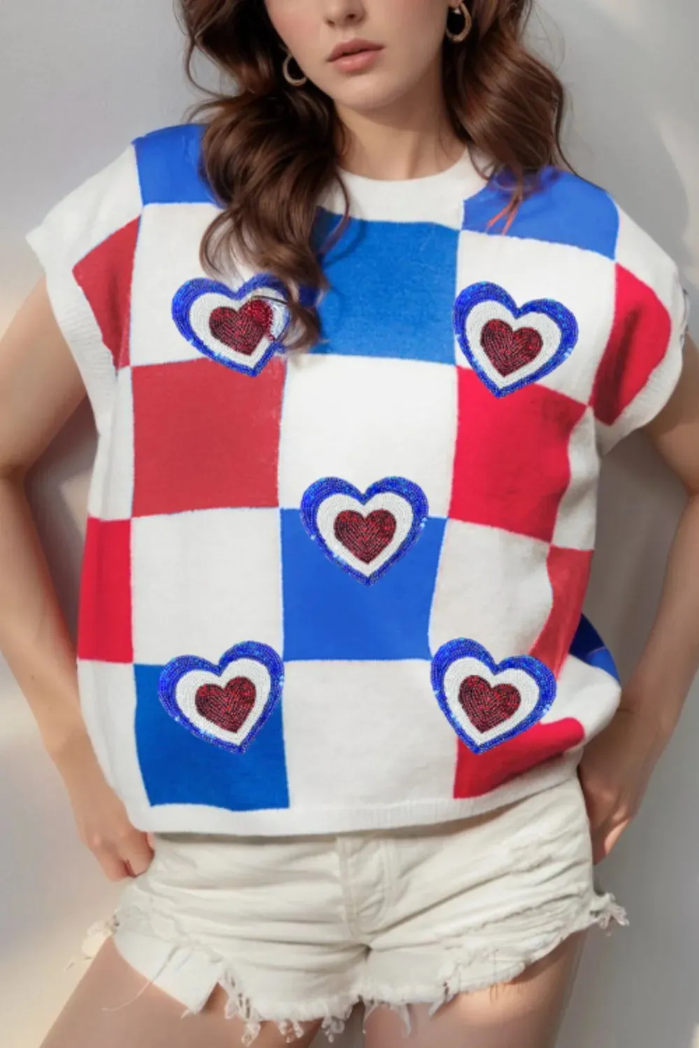 Sequin Heart Color Block Round Neck Knit Top sold by Charming Charlie