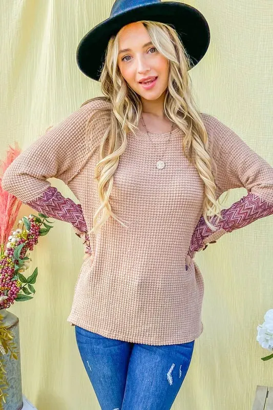 And The Why Button Detail Printed Sleeve Waffle Knit Top sold by Charming Charlie