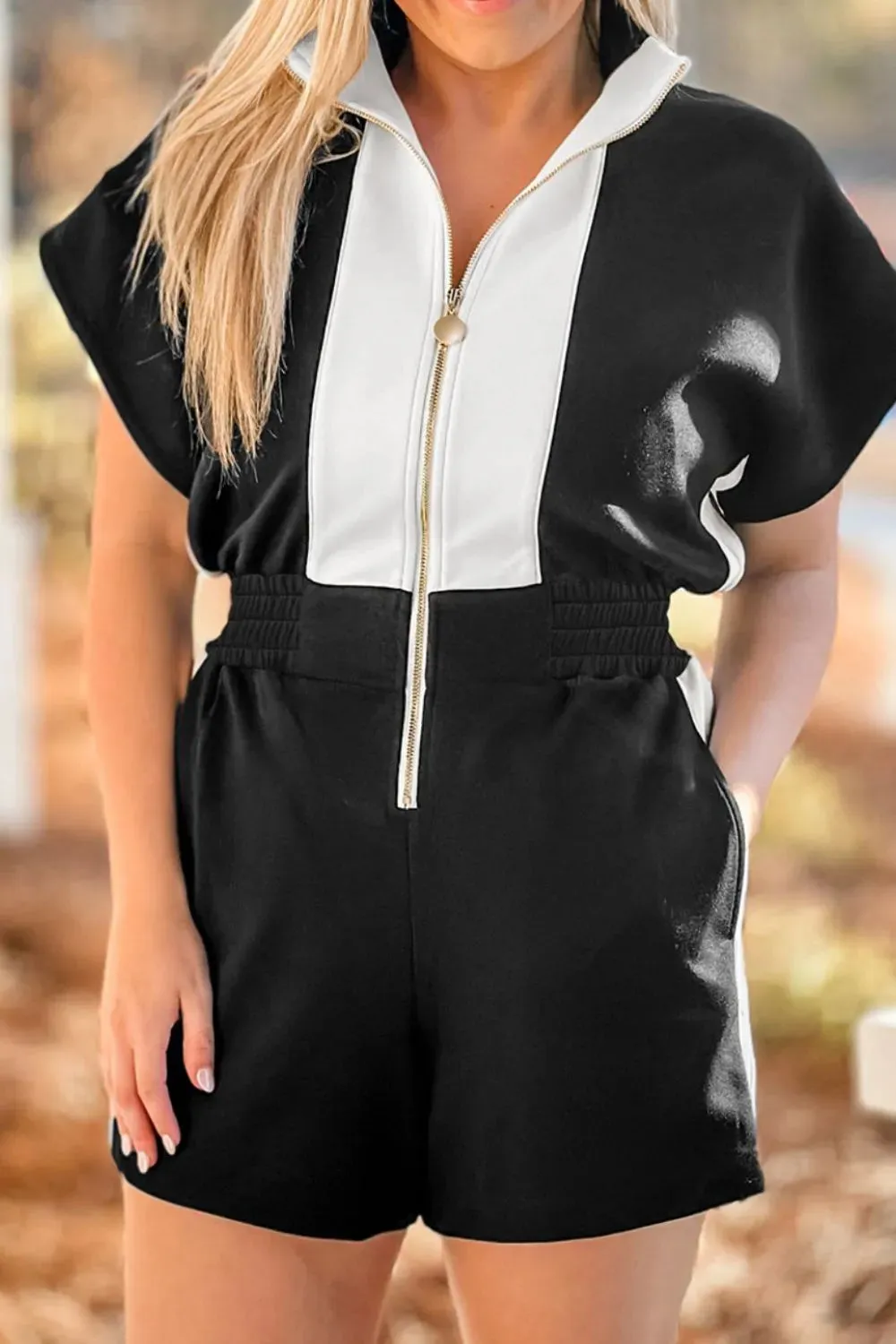 Half Zip Short Sleeve Romper sold by Charming Charlie product image thumbnail 3