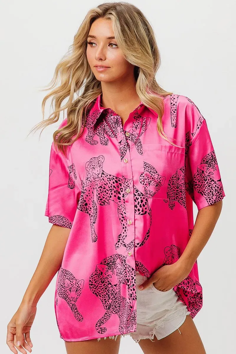 BiBi Leopard Print Short Sleeve Silky Satin Shirt Top sold by Charming Charlie product image thumbnail 2