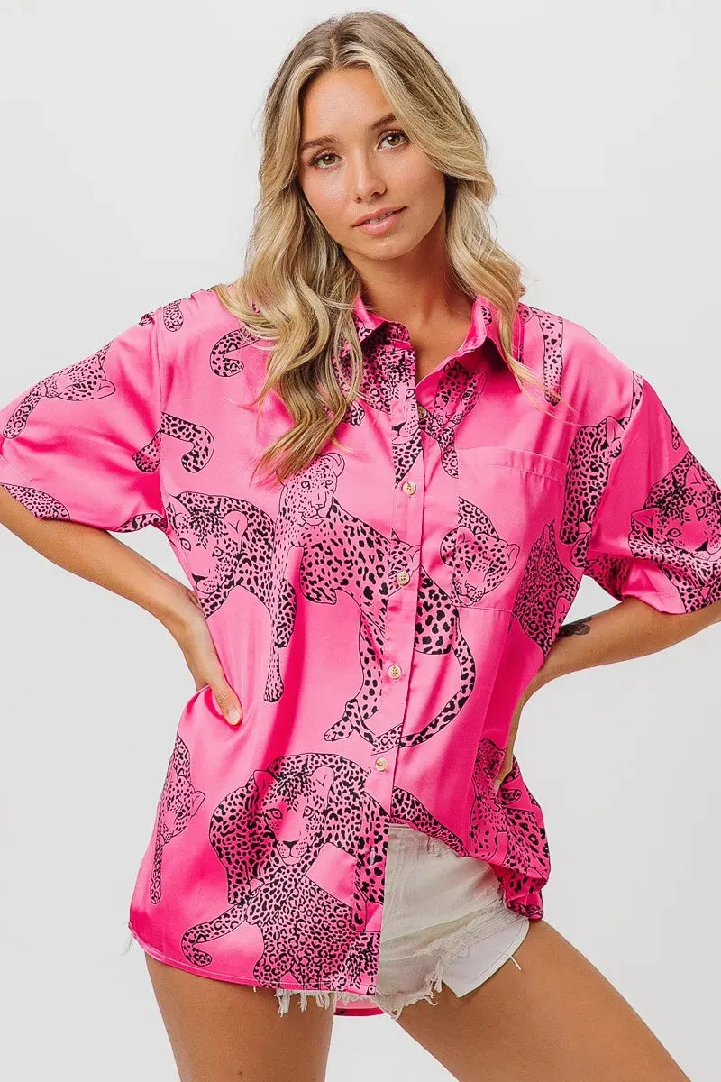 BiBi Leopard Print Short Sleeve Silky Satin Shirt Top sold by Charming Charlie