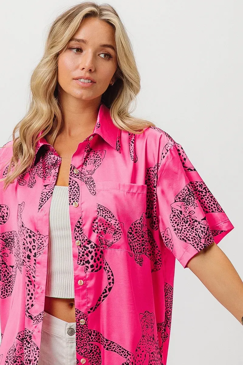 BiBi Leopard Print Short Sleeve Silky Satin Shirt Top sold by Charming Charlie product image thumbnail 5