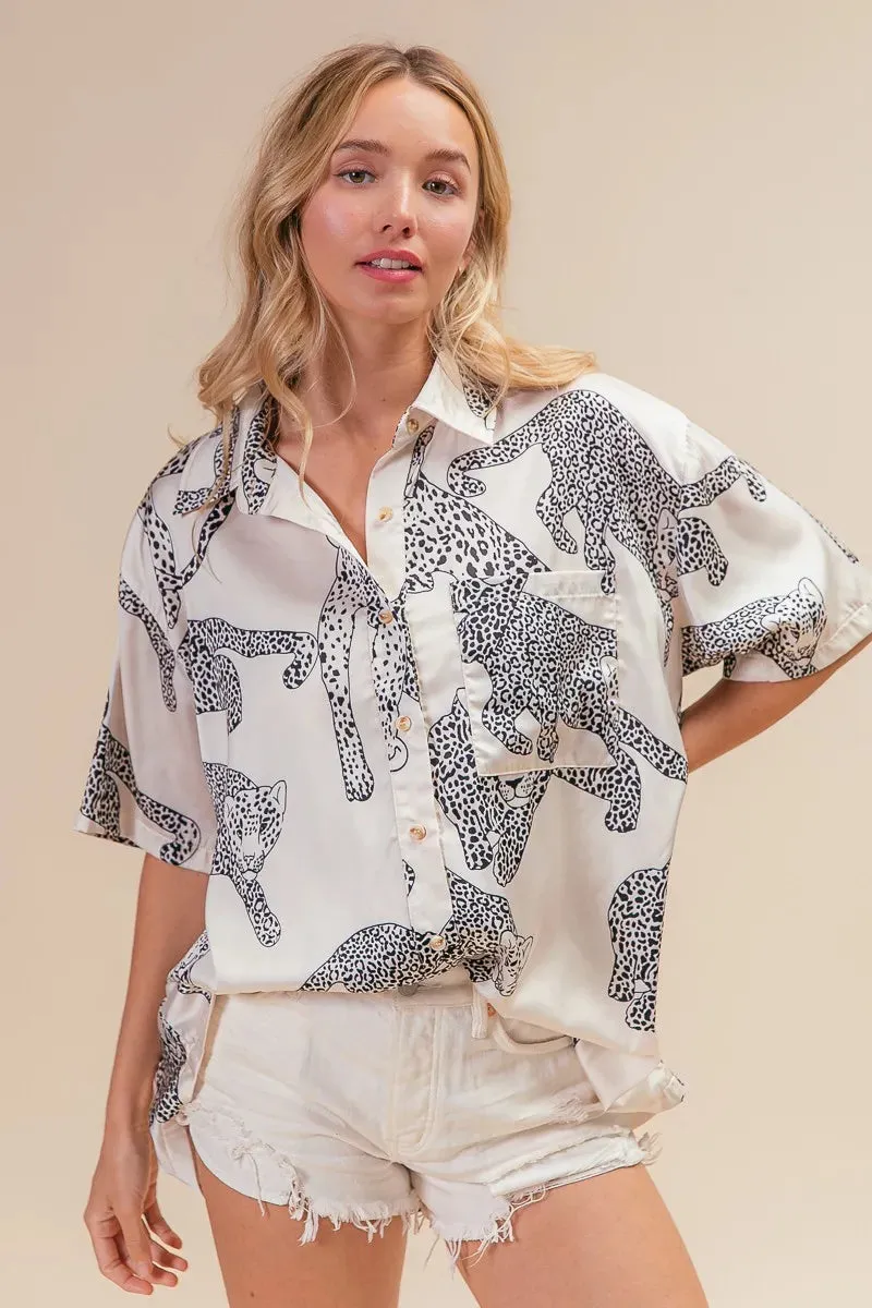 BiBi Leopard Print Short Sleeve Silky Satin Shirt Top sold by Charming Charlie product image thumbnail 4