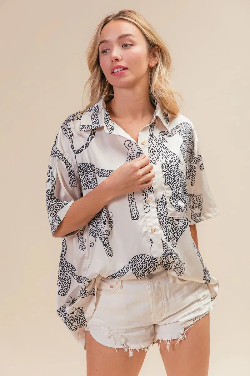 BiBi Leopard Print Short Sleeve Silky Satin Shirt Top sold by Charming Charlie product image thumbnail 5