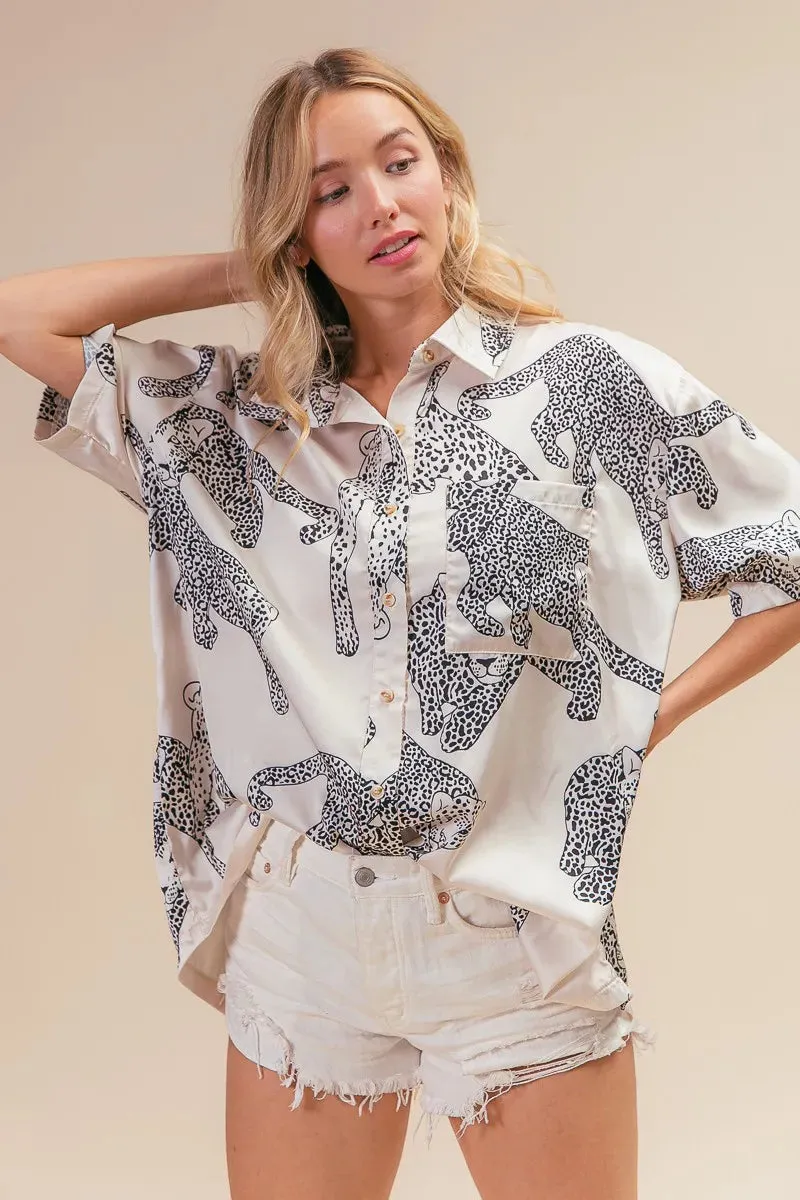 BiBi Leopard Print Short Sleeve Silky Satin Shirt Top sold by Charming Charlie product image thumbnail 2