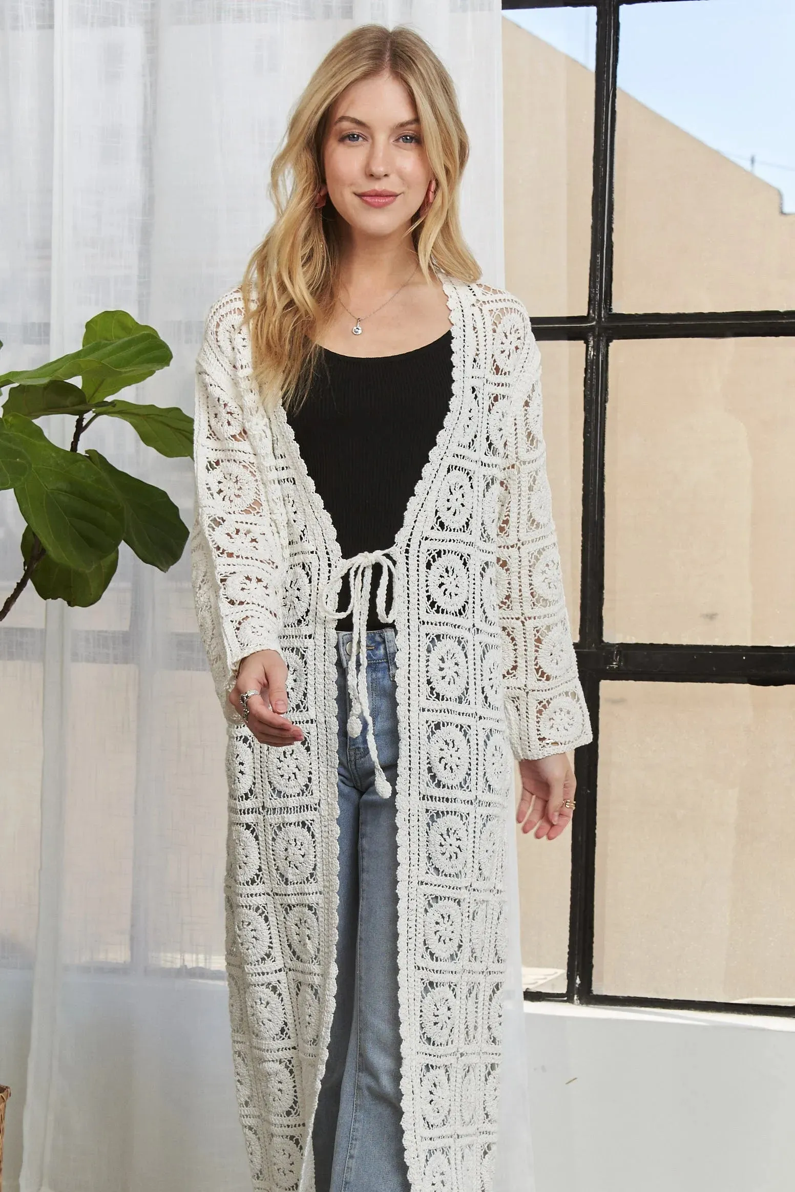 ADORA Long Sleeves Crochet Elastic Cardigan sold by Charming Charlie