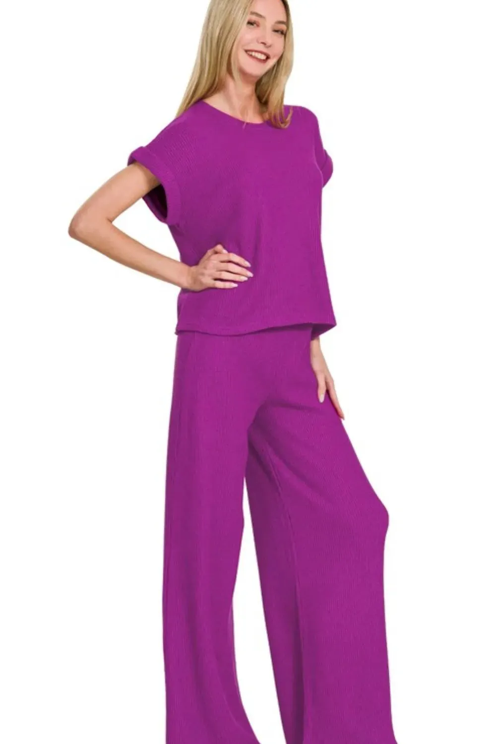 Zenana Rolled Sleeve Top and Pants Sweater Set sold by Charming Charlie