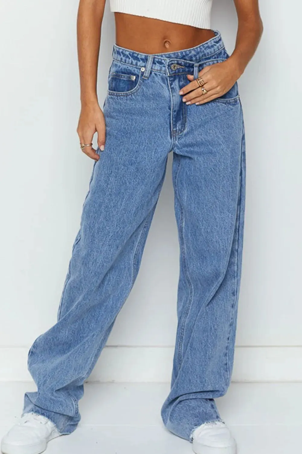 Mid Rise Asymmetrical Waist Wide Leg Jeans sold by Charming Charlie