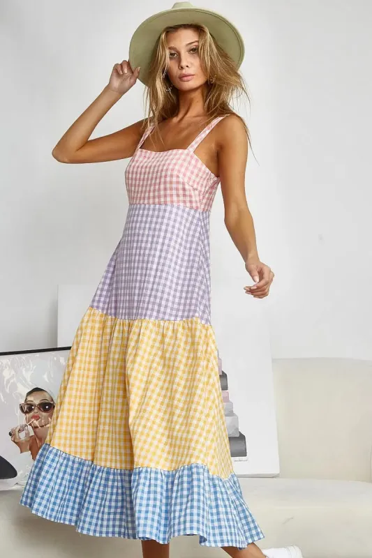 BiBi Color Block Tiered Gingham Dress sold by Charming Charlie