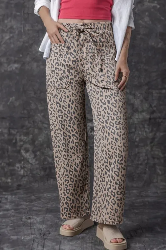 Leopard Printed Drawstring Waist Pocketed Wide Leg Jeans sold by Charming Charlie