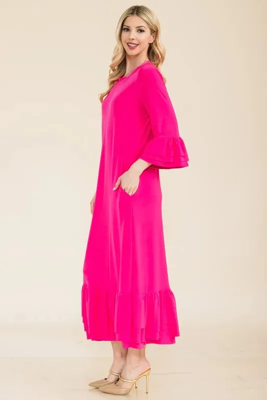 Celeste Full Size Modest Midi Dress with 3/4 Ruffle Bell Sleeves Plus Size sold by Charming Charlie product image thumbnail 2