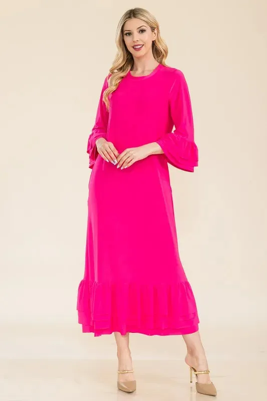Celeste Full Size Modest Midi Dress with 3/4 Ruffle Bell Sleeves Plus Size sold by Charming Charlie