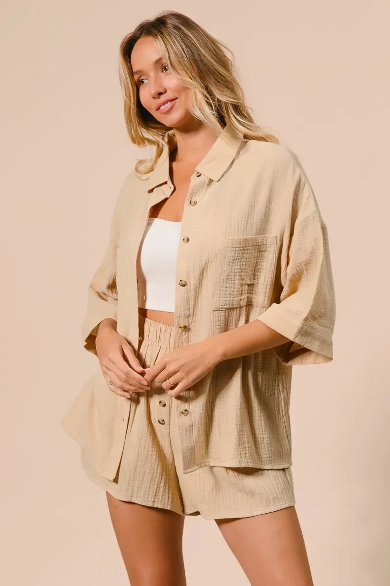BiBi Crinkle Gauze Shirt and Short Set sold by Charming Charlie product image thumbnail 3