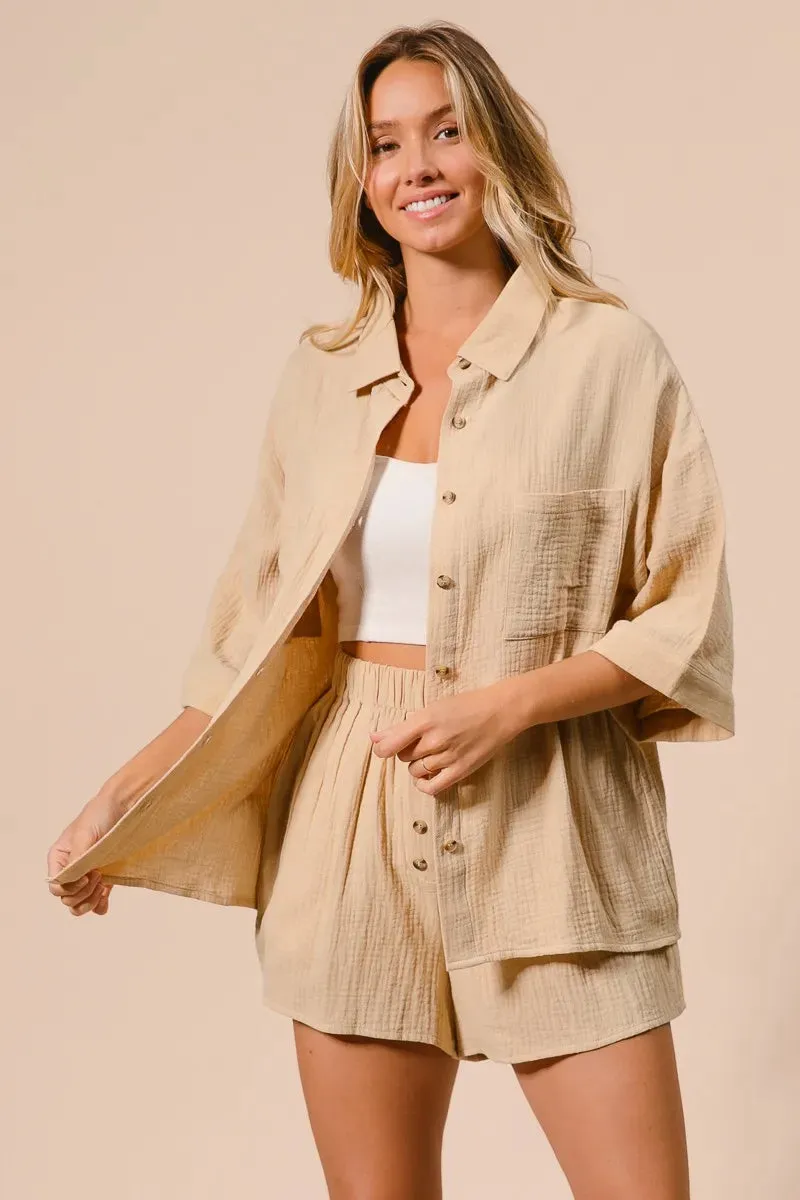 BiBi Crinkle Gauze Shirt and Short Set sold by Charming Charlie