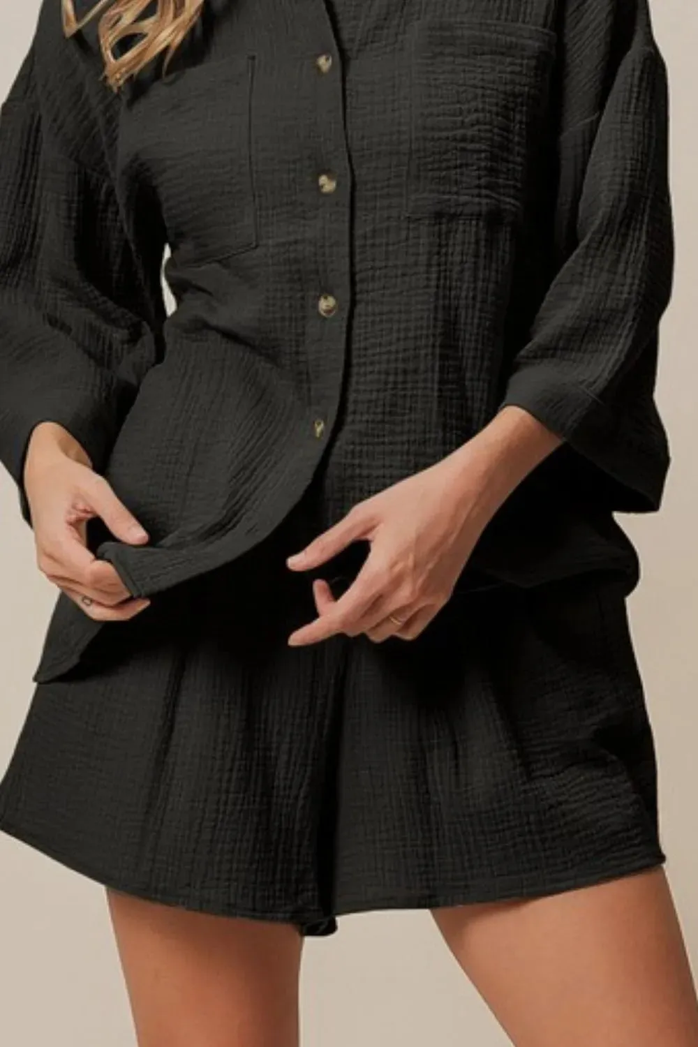 BiBi Crinkle Gauze Shirt and Short Set sold by Charming Charlie product image thumbnail 3