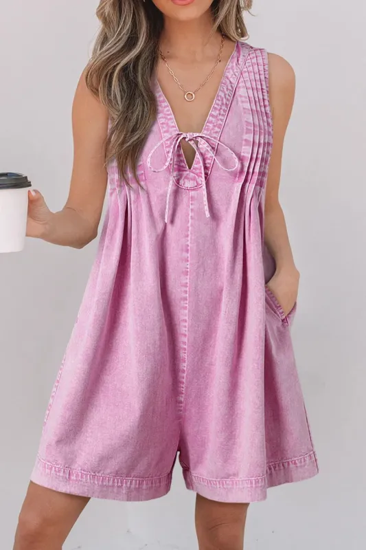 Mineral Wash Pleated Bust V Neck Sleeveless Denim Romper sold by Charming Charlie