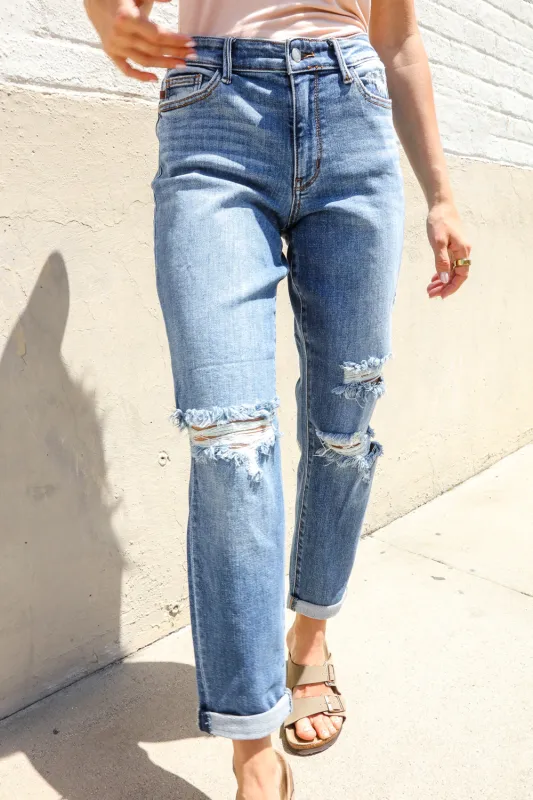 Judy Blue High-Rise Boyfriend Cuffed Hem Distressed Jeans sold by Charming Charlie