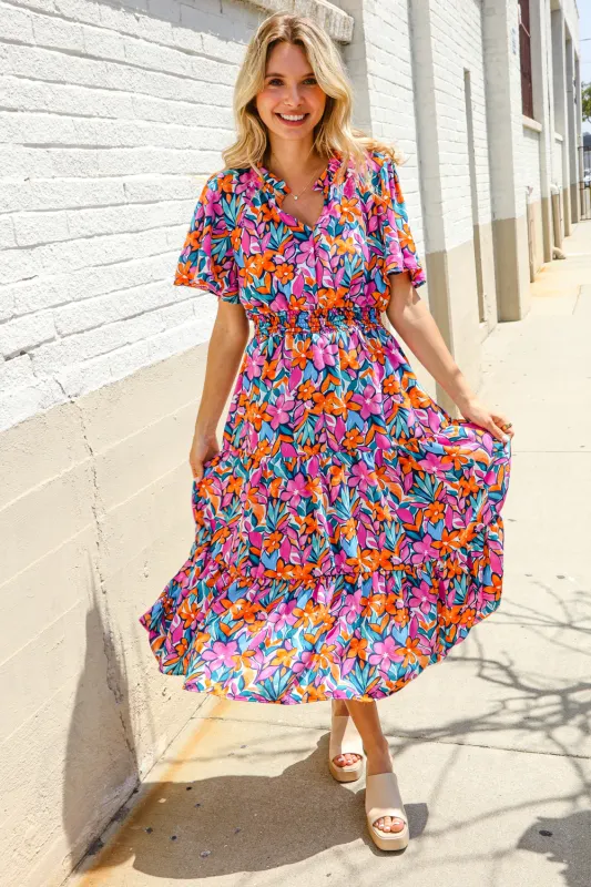 Follow Me Fuchsia Floral Print Frill Notch Neck Bubble Sleeve Dress sold by Charming Charlie