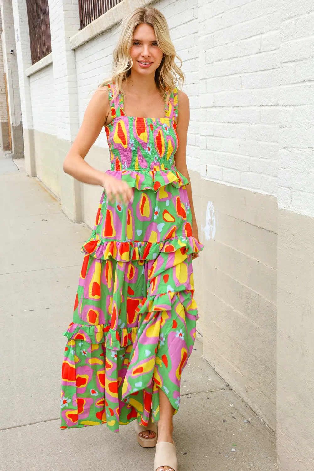 Sunny Days Abstract Print Tiered Ruffle Smocked Sleeveless Maxi sold by Charming Charlie product image thumbnail 2