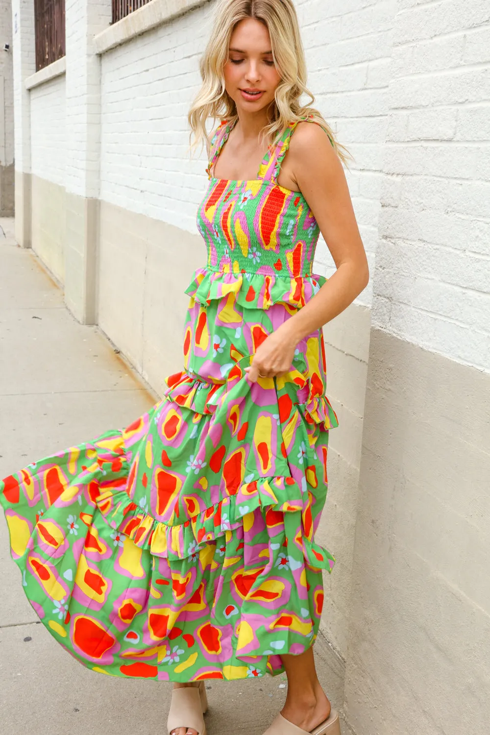 Sunny Days Abstract Print Tiered Ruffle Smocked Sleeveless Maxi sold by Charming Charlie product image thumbnail 5