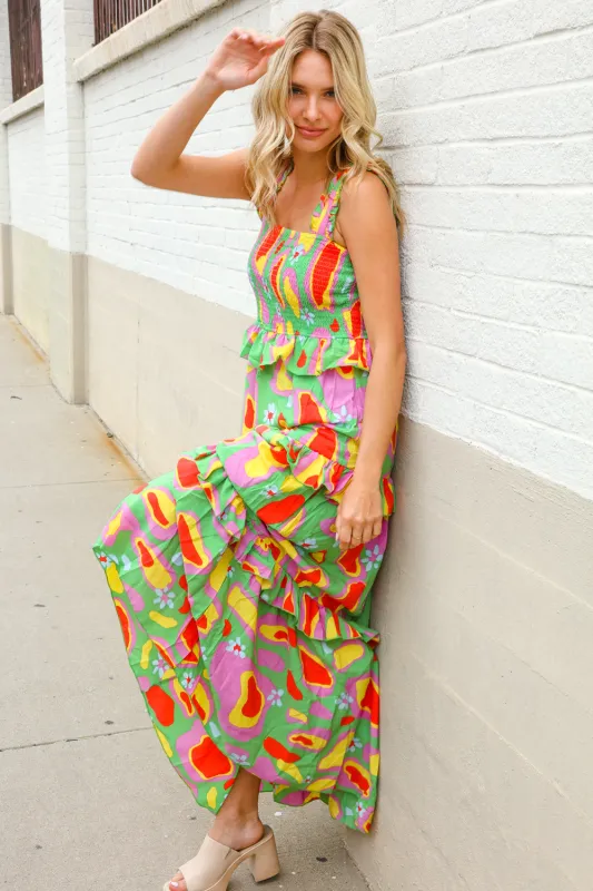 Sunny Days Abstract Print Tiered Ruffle Smocked Sleeveless Maxi sold by Charming Charlie