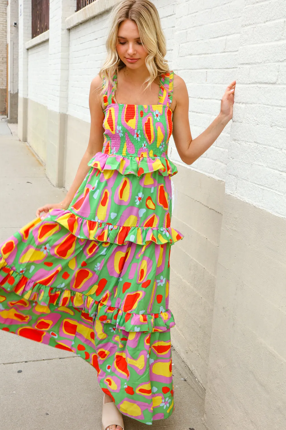 Sunny Days Abstract Print Tiered Ruffle Smocked Sleeveless Maxi sold by Charming Charlie product image thumbnail 4