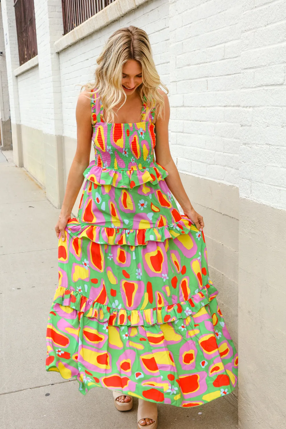Sunny Days Abstract Print Tiered Ruffle Smocked Sleeveless Maxi sold by Charming Charlie product image thumbnail 3