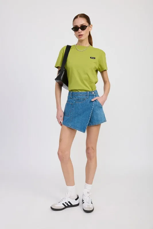 WRAPPED ASYMMETRICAL DENIM SKIRT sold by Charming Charlie