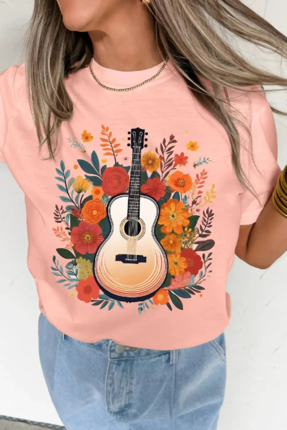 Guitar Flower Print Crew Neck Loose T Shirt sold by Charming Charlie product image thumbnail 2