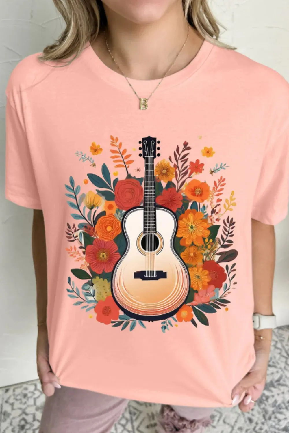 Guitar Flower Print Crew Neck Loose T Shirt sold by Charming Charlie product image thumbnail 4