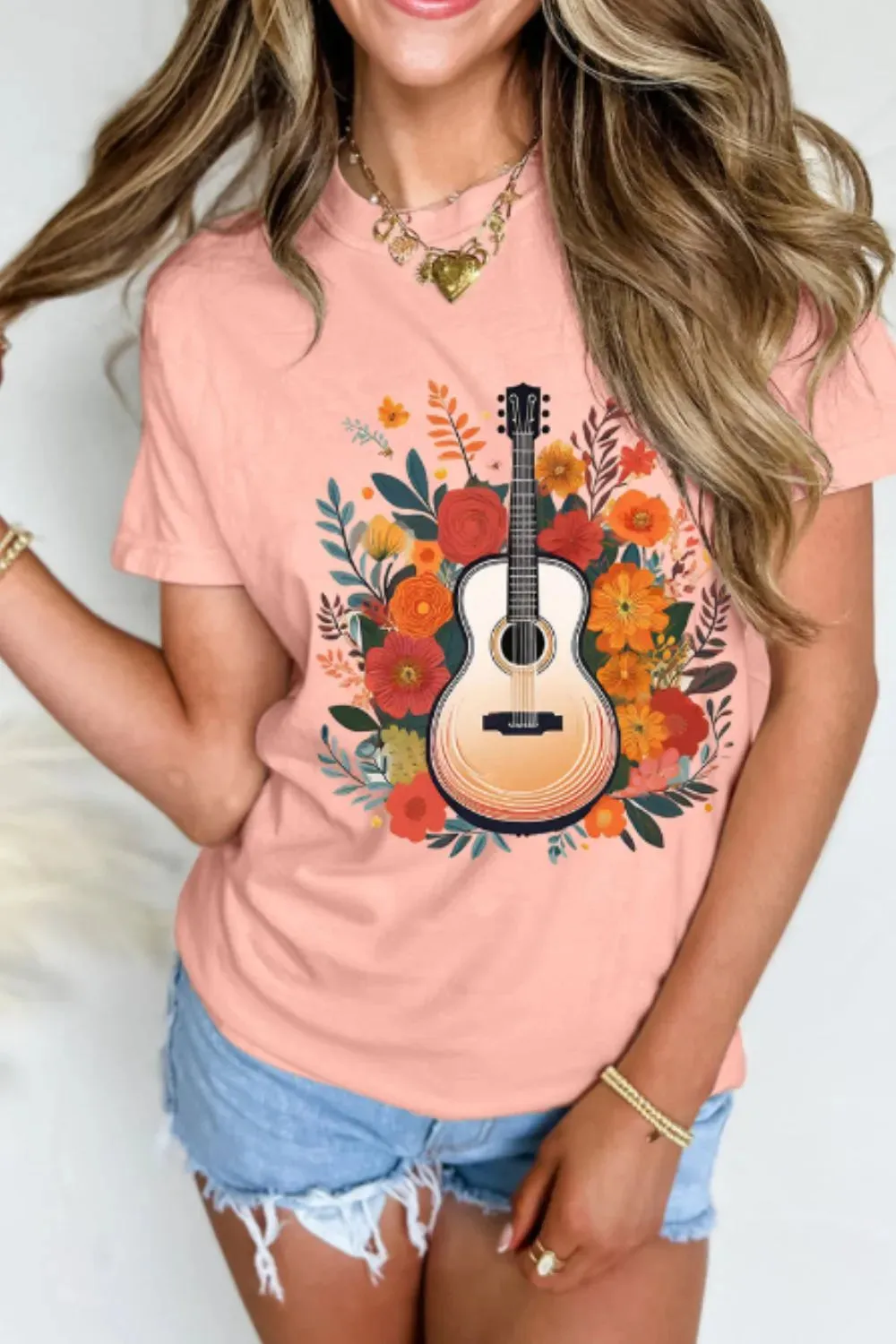 Guitar Flower Print Crew Neck Loose T Shirt sold by Charming Charlie