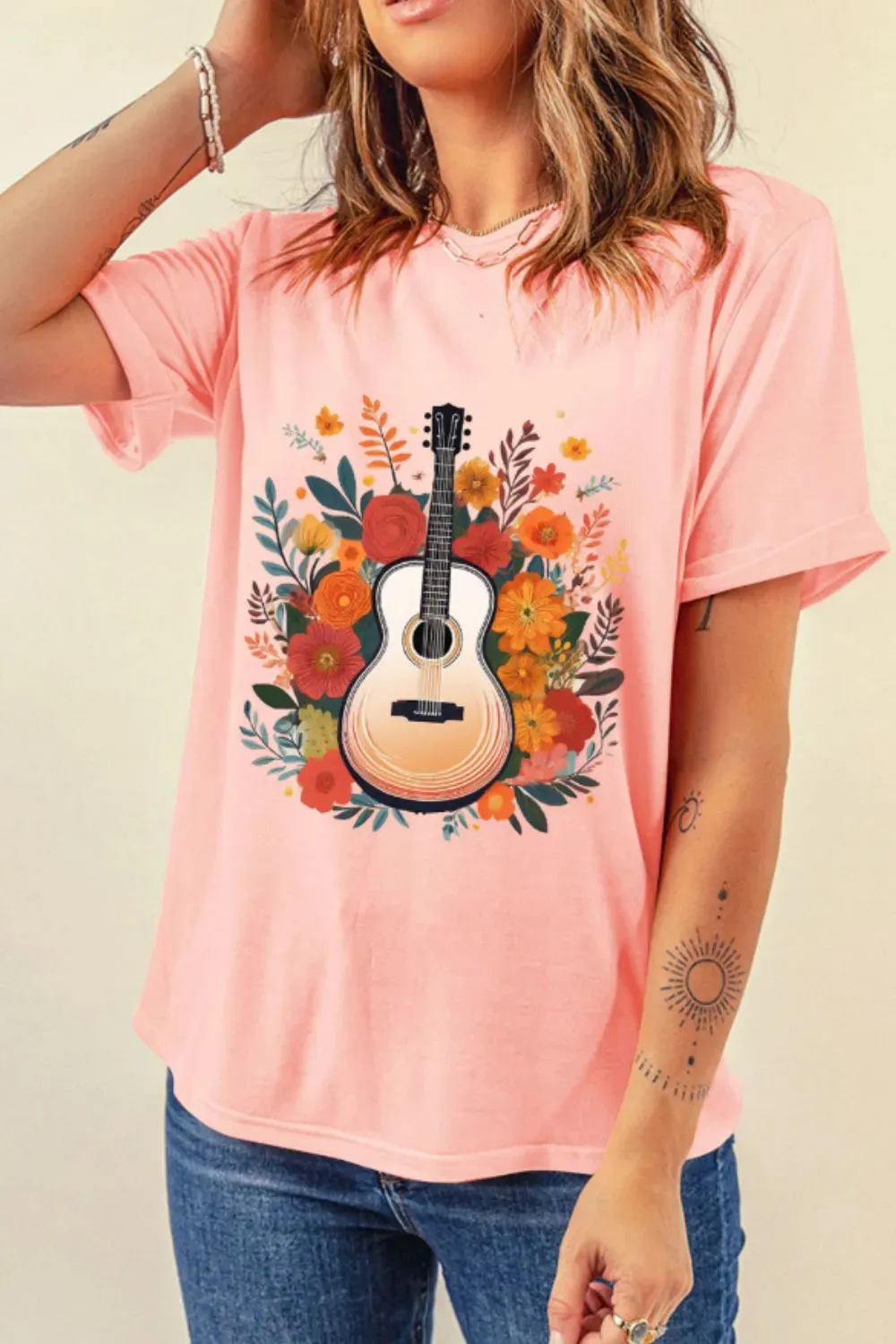 Guitar Flower Print Crew Neck Loose T Shirt sold by Charming Charlie product image thumbnail 5