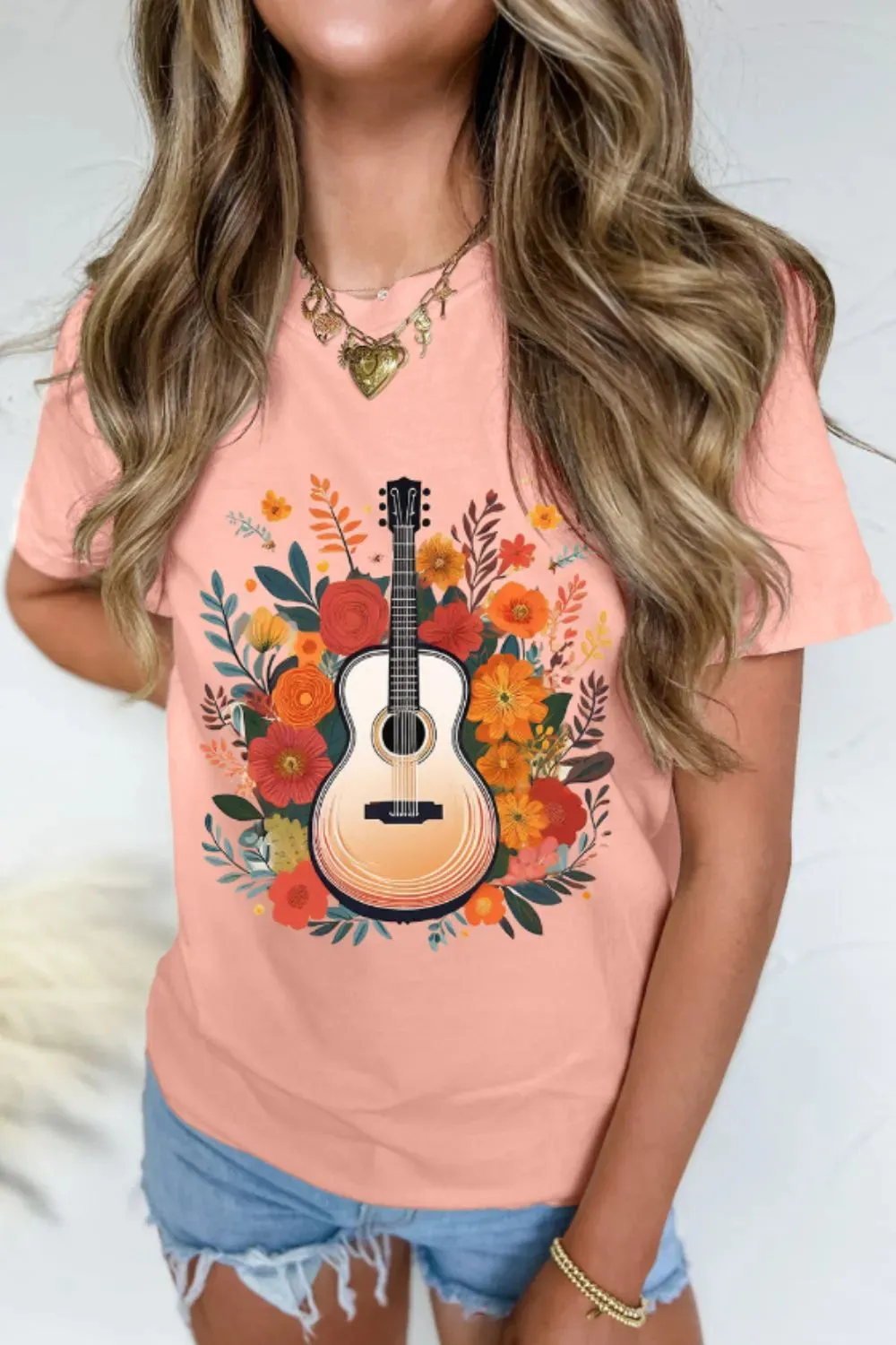Guitar Flower Print Crew Neck Loose T Shirt sold by Charming Charlie product image thumbnail 3